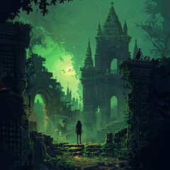 Wall Mural - A Person Standing In A Ruined Building, a high resolution AI illustration