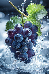 Wall Mural - Crisp grapes with ruffled leaves splash in water, showcasing their vibrant color and freshness. This image captures essence of natures bounty and joy of healthy eating