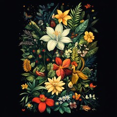 Wall Mural - A vibrant arrangement of various flowers and foliage on a dark background.