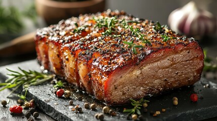 Wall Mural - Pork Belly Roast with Herbs and Spices on Grey Background