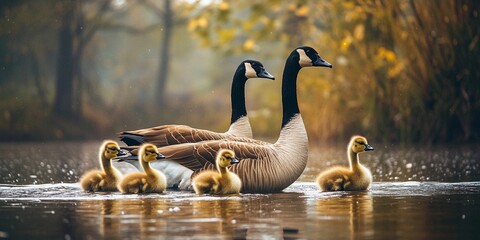 a photograph of two canadian geese with their goslings swimming on calm water, symbolizing family, n