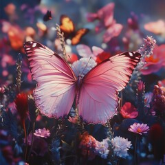 Canvas Print - A vibrant butterfly among colorful flowers in a serene setting.