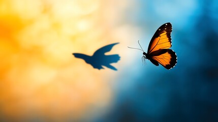 Poster - Aspiration for change and ambition for improvement and success as a metaphor for growth and transformation as a butterfly casting a shadow of a flying bird