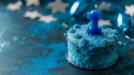 A single blue candle marking  1  on a cake surrounded by a festive blue garland background