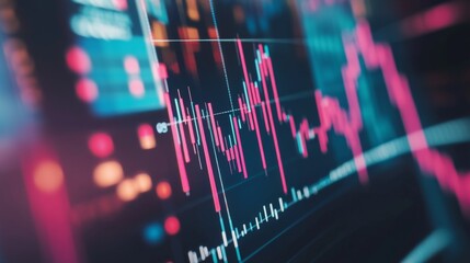 Fototapete - A close-up of a stock market chart with fluctuating lines and candlestick patterns on a computer screen, highlighting recent changes in stock prices