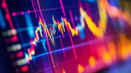 Fototapete - A close-up of a stock market chart with fluctuating lines and candlestick patterns on a computer screen, highlighting recent changes in stock prices