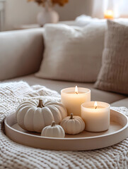 Wall Mural - Modern living room with a sofa and coffee table, candles in white vases on a tray, and small pumpkins as decoration, creating an autumn home decor. Autumn composition of a still life in a cozy house i