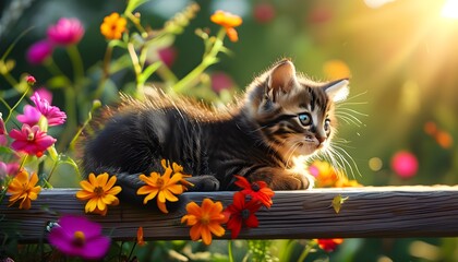 Charming kitten resting on wooden beam surrounded by vibrant flowers in sunlit summer nature