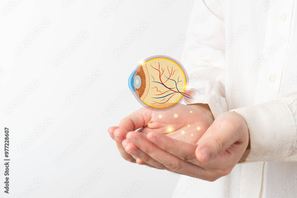 Allogram Vision Human eye anatomy hologram on doctor hands. Awareness of eye diseases ...