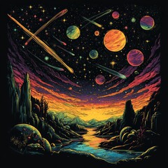 Poster - A vibrant cosmic landscape with planets and a river at sunset.