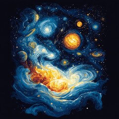 Sticker - A vibrant cosmic scene depicting galaxies and planets.