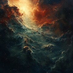 Poster - A vibrant cosmic scene with swirling clouds and stars.