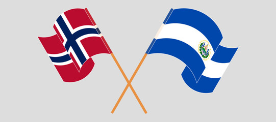 Crossed and waving flags of Norway and Republic of El Salvador. Vector illustration