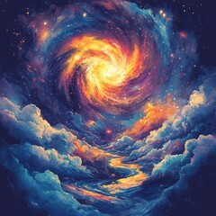 Wall Mural - A vibrant cosmic swirl with clouds and a glowing center.