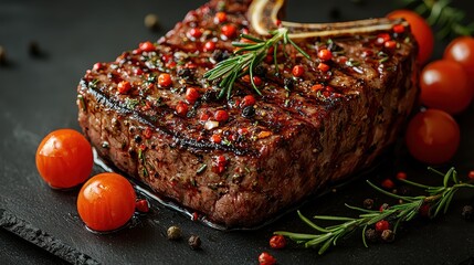 Wall Mural - T Bone Steak with Herbs and Spices on Grey Background