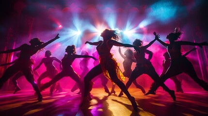 Wall Mural - An energetic troupe of dancers moves passionately in sync, lit by dramatic backlighting in a grandiose setting 