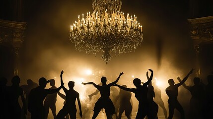 Sticker - Silhouettes of dancers performing under a grand chandelier in a dark, atmospheric setting