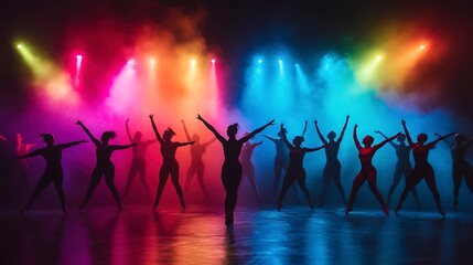 Wall Mural - Silhouetted dancers are dynamically posed amidst vibrant lights and fog, creating a captivating and energetic stage performance atmosphere. 