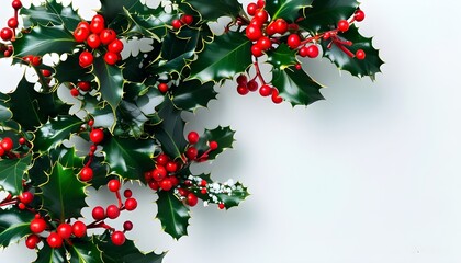 Festive Christmas and New Year greeting card design featuring holly leaves and berries on a white background with ample copy space for text