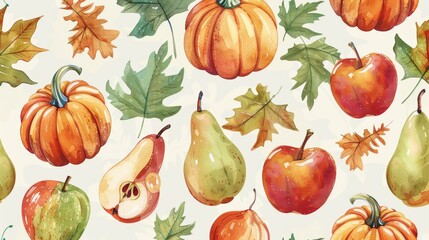 Wall Mural - Vibrant watercolor illustration featuring pumpkins, apples, pears, and leaves, perfect for autumn-themed designs.