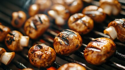 Wall Mural - A close-up of mushrooms being grilled on a barbecue, with a focus on the caramelized texture and the grill marks, set against a clean, bright background.