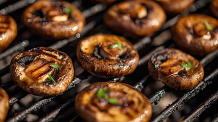 Wall Mural - A close-up of mushrooms being grilled on a barbecue, with a focus on the caramelized texture and the grill marks, set against a clean, bright background.