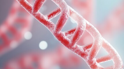 A close up of a red DNA strand with a fuzzy texture