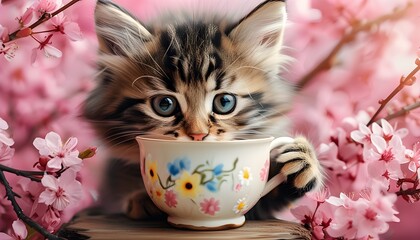 Playful Kittens Enjoying Teacup Treats Surrounded by Blooming Pink Spring Flowers