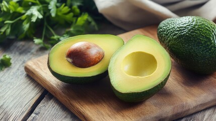 Wall Mural - A green avocado, perfectly cut in half, sits on a wooden cutting board, emphasizing freshness and simplicity.