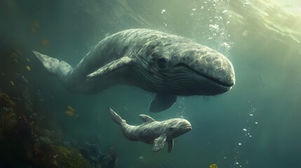 Mother Whale swimming with her puppy in crystal clear water, releasing air bubbles, giving photo, wallpaper, cover and smartphone screen, pc, laptop, format 9:16 and 16: 9
