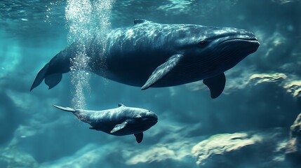 Mother Whale swimming with her puppy in crystal clear water, releasing air bubbles, giving photo, wallpaper, cover and smartphone screen, pc, laptop, format 9:16 and 16: 9
