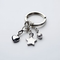 164. a shiny silver keychain with charms isolated on a simple white background