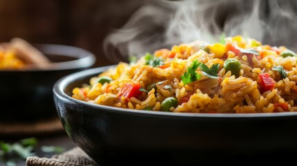 Wall Mural - A close-up shot of steaming curry fried rice served in a bowl, showcasing the mix of colorful ingredients and aromatic spices in a cozy dining setting.