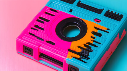 A vintage cassette tape with bright neon-colored tape spilling out pop art halftones and bold outlines dynamic close-up shot.