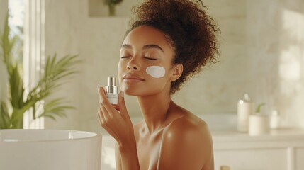 A model applying an anti-aging serum, her skin looking youthful and radiant, set in a bright, serene bathroom