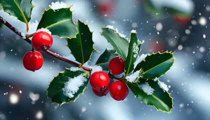 Wall Mural - Charming holly berries adorned in a snowy landscape, evoking the festive spirit of Christmas and New Year for holiday greeting cards and seasonal decor