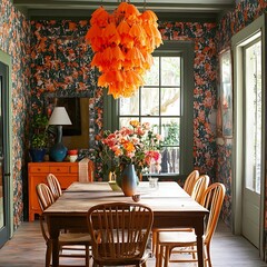 Poster - Rustic Dining Room with Orange Floral Wallpaper and Unique Chandelier.