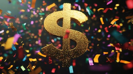 Wall Mural - A large gold dollar sign with vibrant confetti falling around it, representing financial success and celebration.