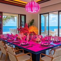 Poster - Pink and Blue Modern Dining Room With Ocean View.