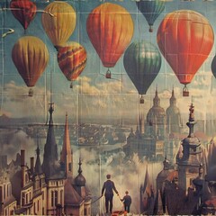 Wall Mural - A Mural Of A City With Hot Air Balloons, a high resolution AI illustration