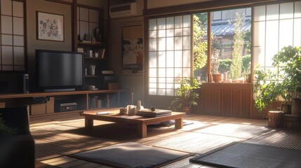 A cozy interior shot of a Japanese-style living room, featuring low wooden furniture, tatami mats, and a warm, inviting atmosphere with natural light filtering through paper screens.