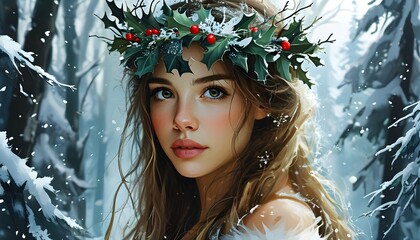 Enchanted winter nymph adorned with a crown, set against a snowy forest, capturing the essence of festive tales and New Year magic in a captivating illustration.