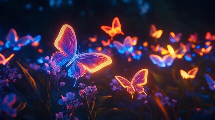 Wall Mural - glowing neon butterflies fluttering in a dark garden, magical glotime, enchanting and whimsical