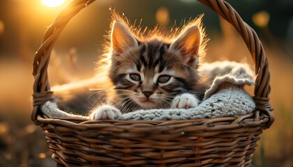 Wall Mural - Cozy kittens napping in a basket under the warm sunset glow, capturing serene summer moments perfect for calendars and greeting cards