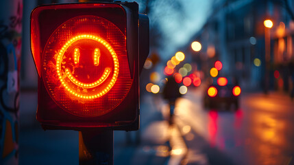 Closeup photography of a smiley face drawing on a red traffic semaphore light or lamp outdoors on a city street at night or in the evening, transport safety regulation for drivers, led stoplight