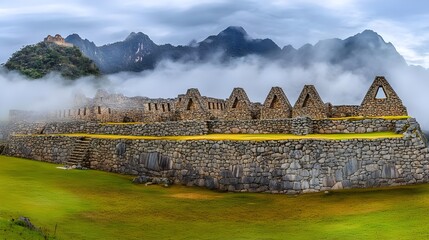 Ancient stone structure nestled in misty mountains, showcasing unique architecture and lush green landscape under dramatic skies.