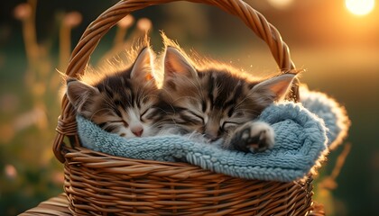 Wall Mural - Cozy kittens napping in a basket under the warm sunset glow, capturing serene summer moments perfect for calendars and greeting cards