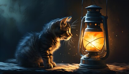 Curious kitten exploring light from vintage lantern in dark ambiance, captivating shadows and mystery perfect for banner or wallpaper design