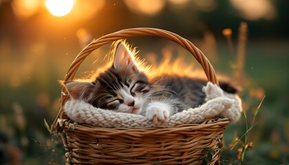 Wall Mural - Cozy kittens napping in a basket under the warm sunset glow, capturing serene summer moments perfect for calendars and greeting cards