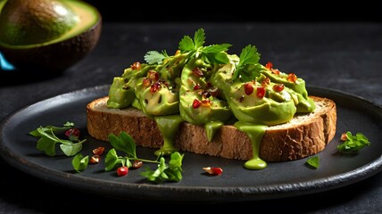 Tasty fruit avocado toast with bread on black background, healthy nutrition diet breakfast meal, alligator pear organic fresh spread sandwich